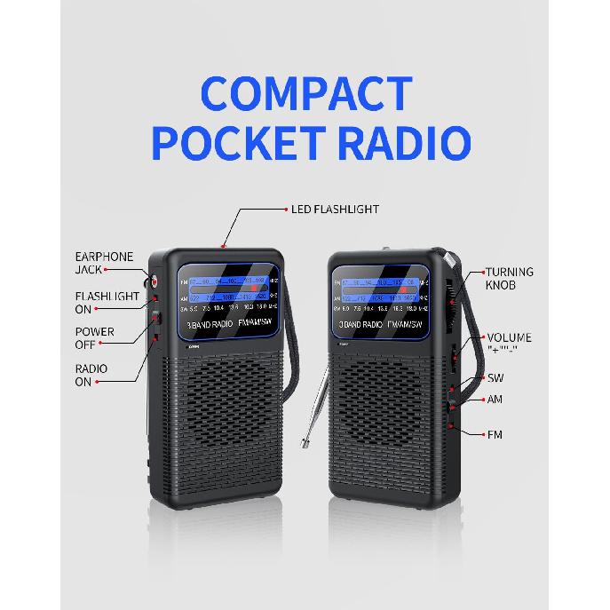Portable AM FM SW Battery Operated Radio with Shortwave, Back Clip Transistor Radios with Emergency LED Flashlight, 3.5mm Earphone Jack