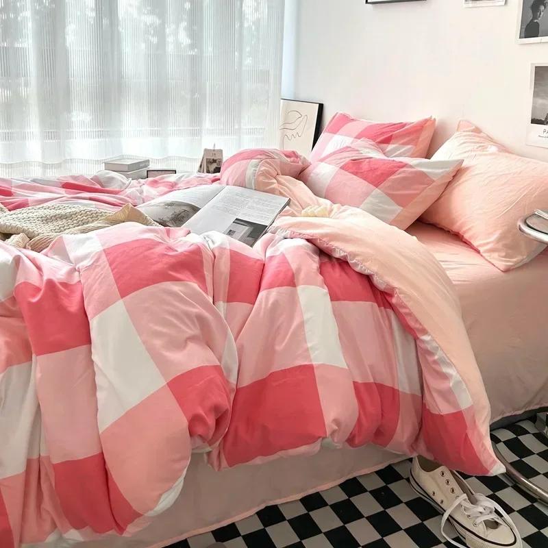 3/4PCS Striped Plaid Duvet Cover Set with Sheet 2Pillowcases Soft Skin Friendly No Filling Warm Twin Full Queen Size Bedding Set