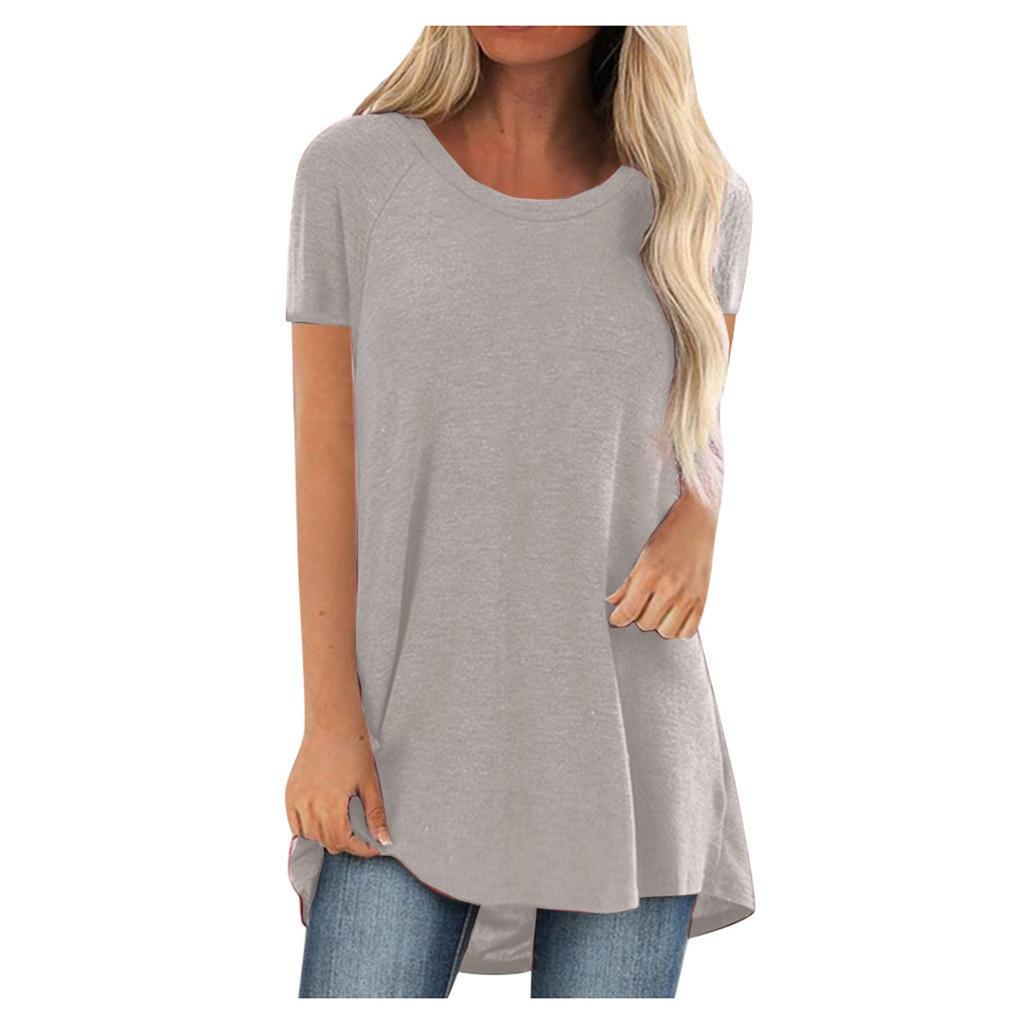 Frauen Mode Plus Größe Rundhals Kurzarm Solide Farben Lange T-shirt Tops