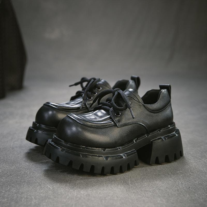 Johnature Britischer Stil Schnürschuhe Runde Spitze Dicke Sohle Echte Leder Vielseitige Damen High Heels Pumps