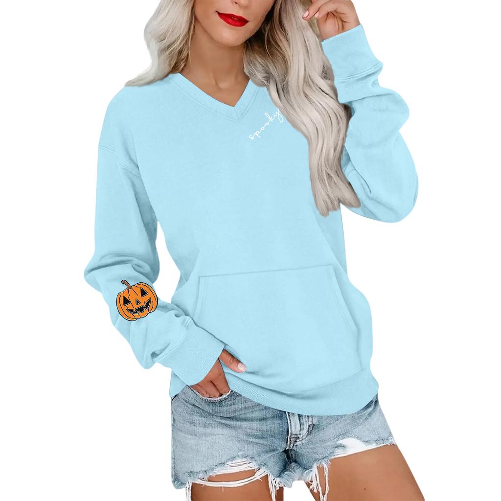 Women's Casual Fashion Halloween Print V-Neck Long-Sleeve Sweatshirt Lightweight Pullover Hoodie With Pockets