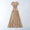 2026 Spring European & American Style Women's Lace Patchwork Waist-Cinching Long Dress with Short Sleeves
