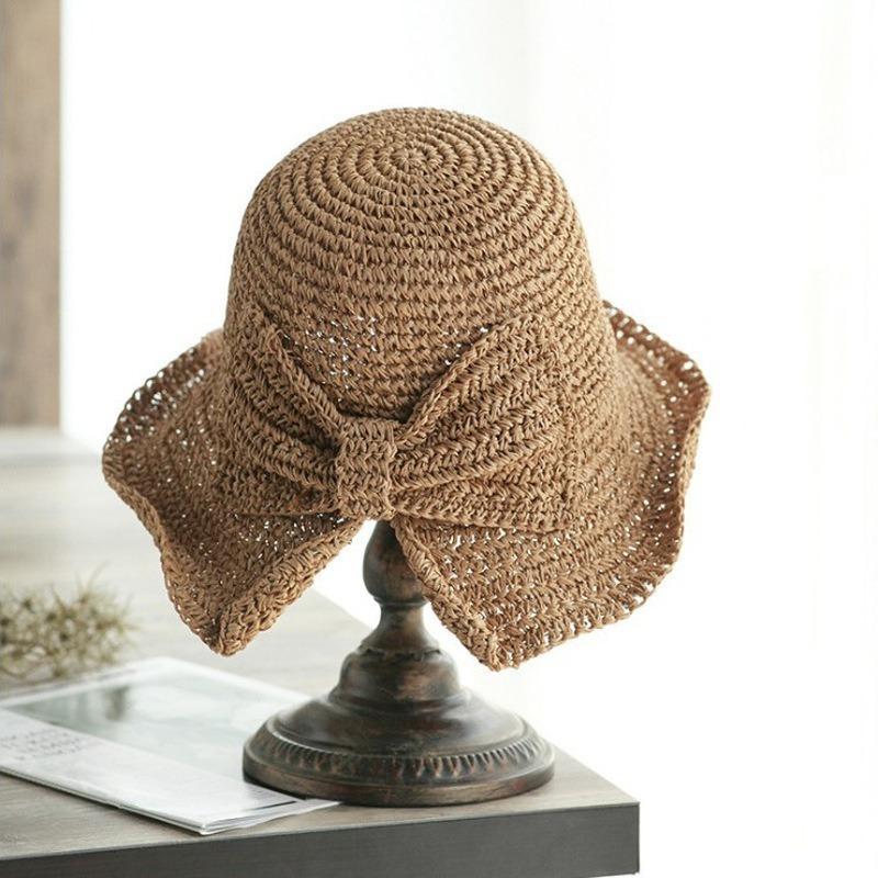 Straw Hat Female Bowknot Crochet Summer Basin Hat Foldable Beach Sun Hat Wide Brim Kids Princess foldable beach Hats