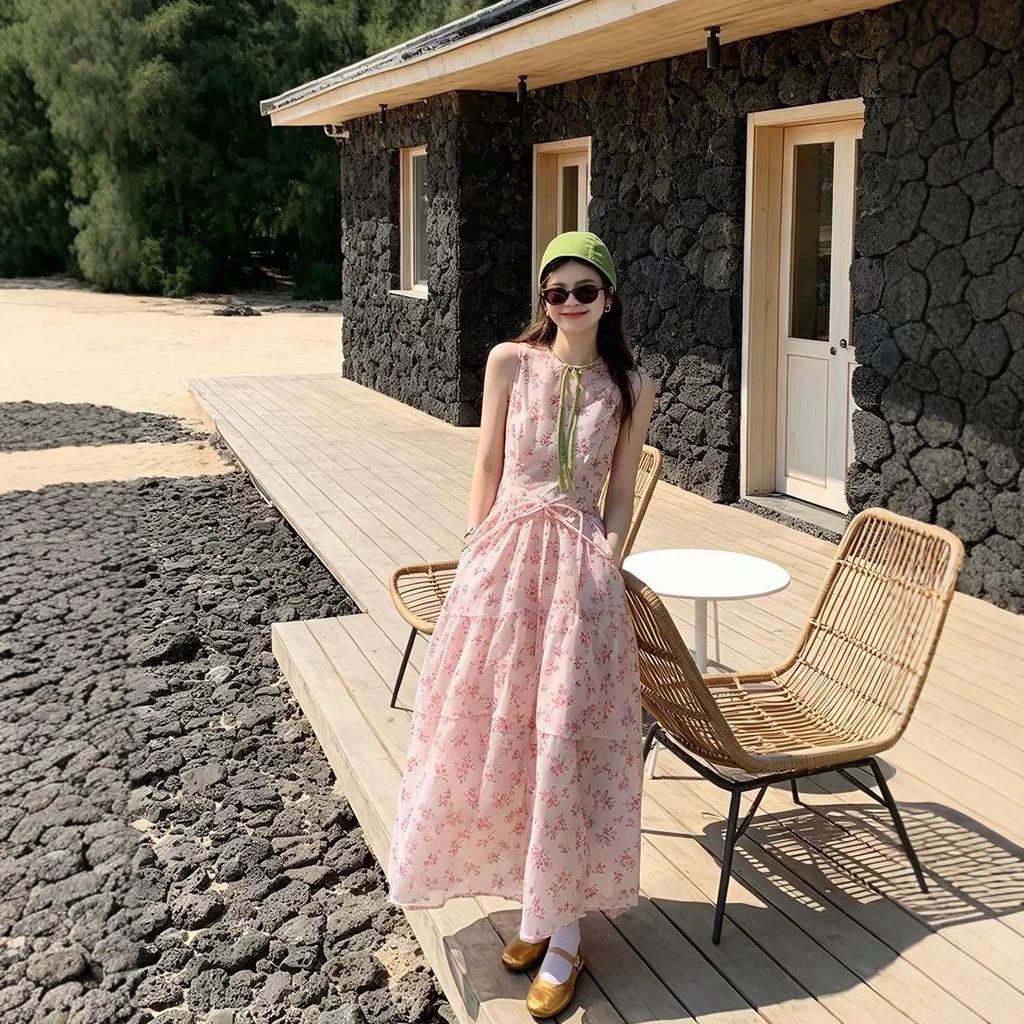 French Gentle Wind Pink Floral Sleeveless Dress Women's Summer Small Waist and Thin Temperament Big Swing Dress