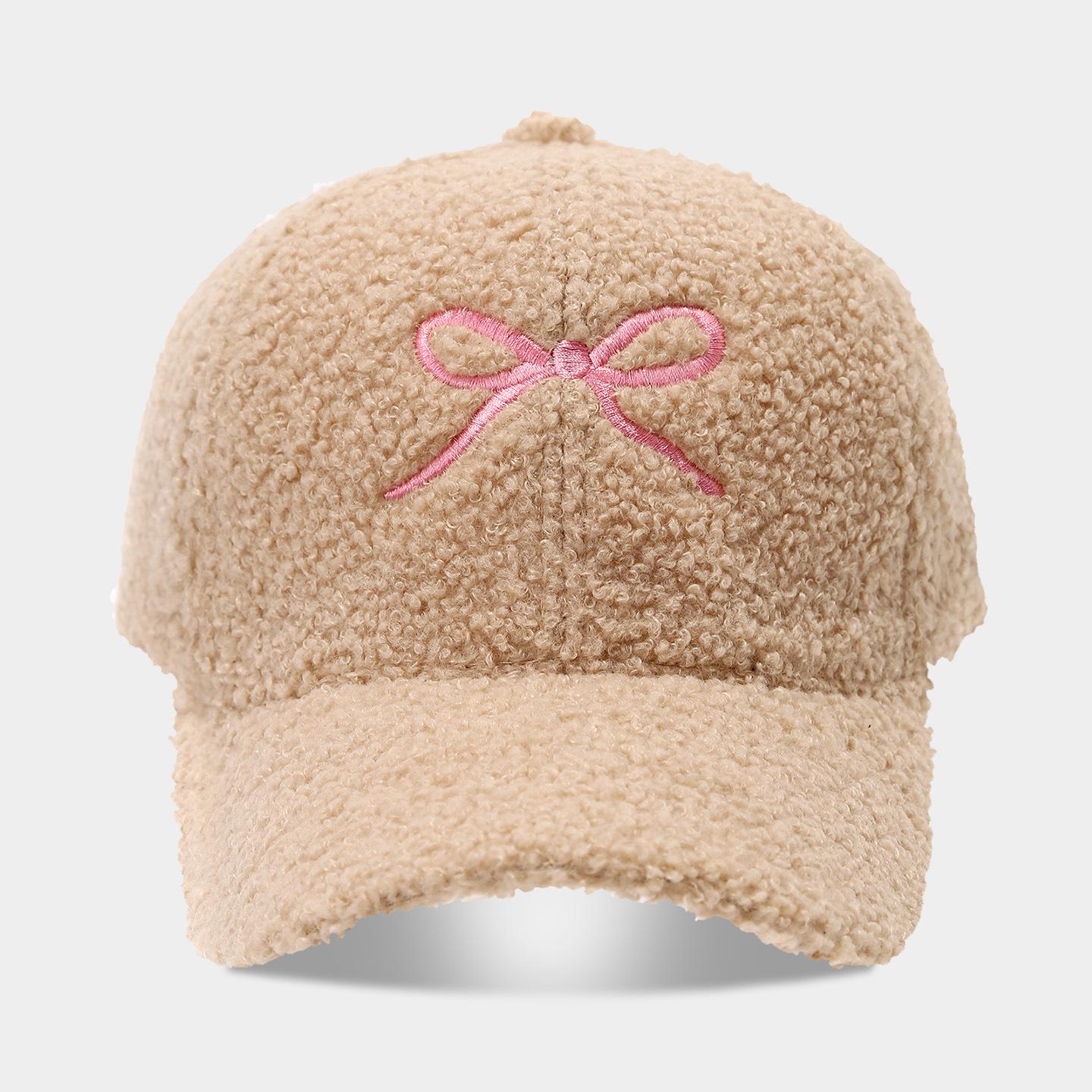 

Women S Autumn And Winter Sheepskin Warm Cap, Fashionable Bow Embroidery Teddy Fur Face-Enhancing Small Baseball Cap Adjustable хаки