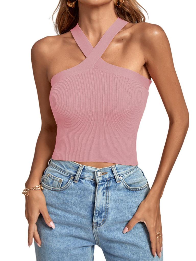 2024 Spring/Summer Women's Knitted Backless Cross Halter Strap Bralette Sweater Tank Top