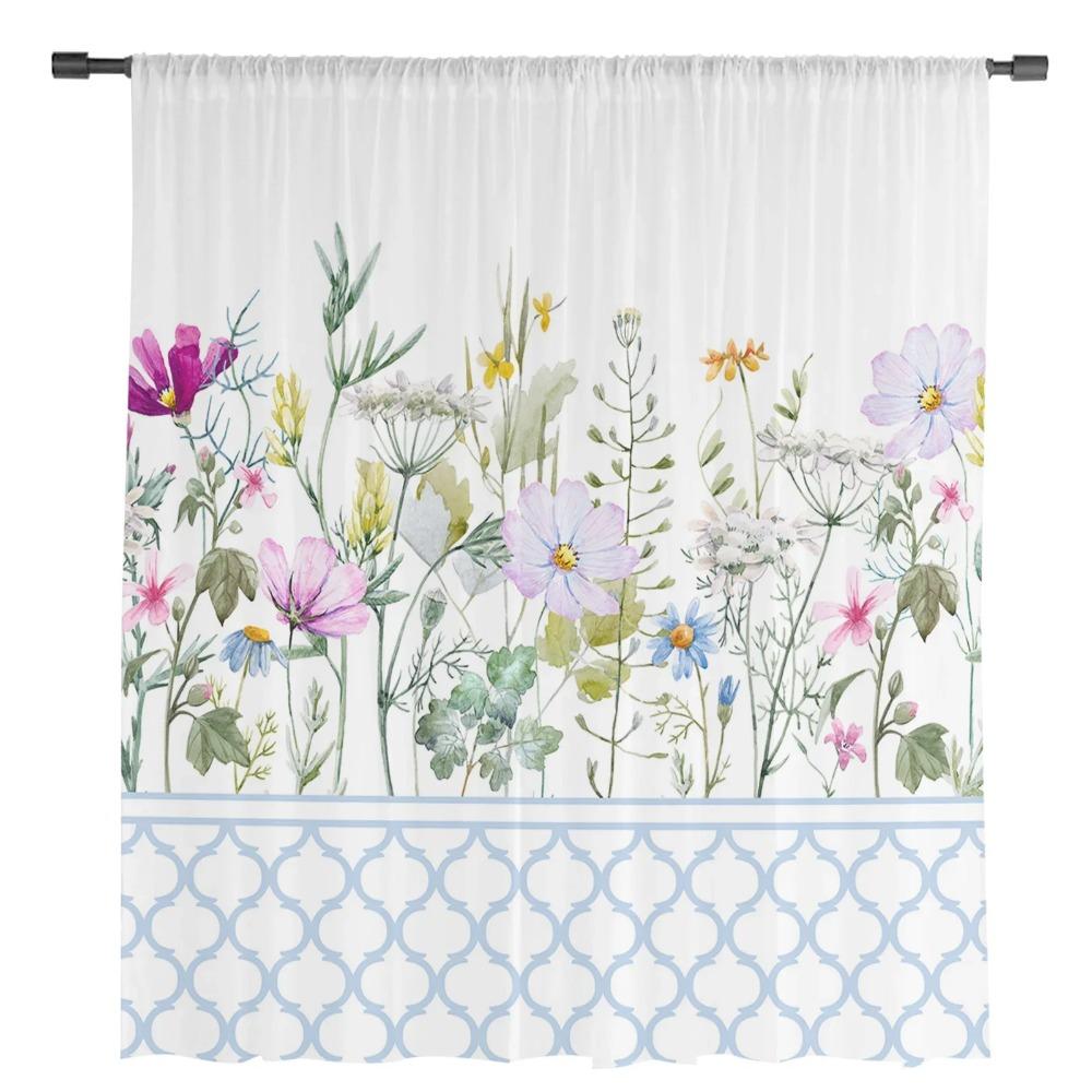 Cortinas Transparentes Blancas Puras Florales de Flores Silvestres de la Temporada de Primavera de Marruecos Azul para Sala de Estar Ornamentación Panel de Ventana Cortina Cocina Tul Transparente