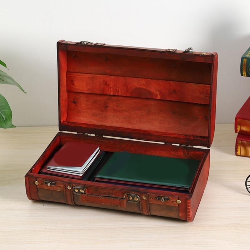 Wooden Trunk Faux Leather Handle Carrying Case Portable Storage Container For Jewelry Cosmetics And Collectibles