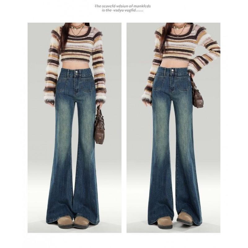 High Waist Flared Jeans Women Slim Fit Stretch Denim Pants Black Grey Vintage Blue Winter