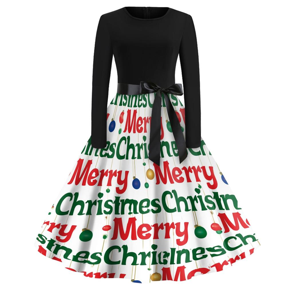 Women's Casual Vintage V-Neck Dress with Christmas Snowflake and Tree Print