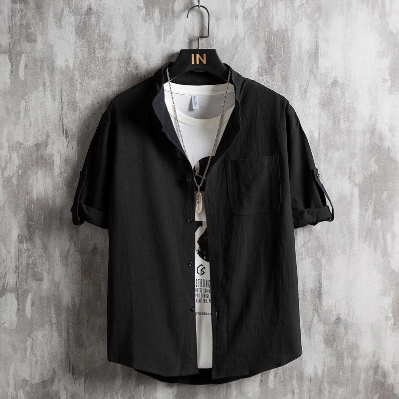 Thin Short-sleeved Shirt Men's Summer Korean Version of The Five-point Sleeve Handsome Solid Color Shirt  Large Size Stand-up Collar Cardigan