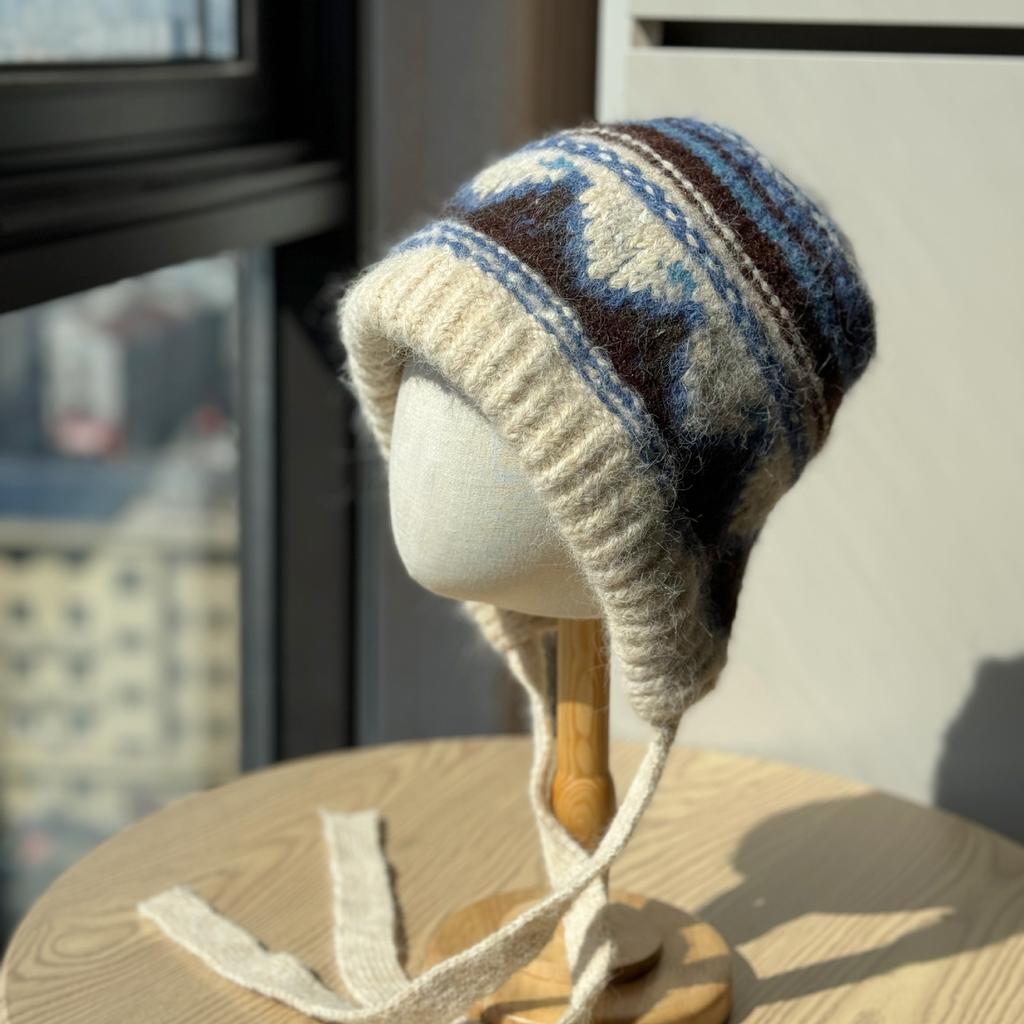 Fair Isle Style Contrast Color Strap Knitted Pullover Hat Women's Autumn and Winter Thickened Warmth and Coldproof Ear Protection Lei Feng Hat