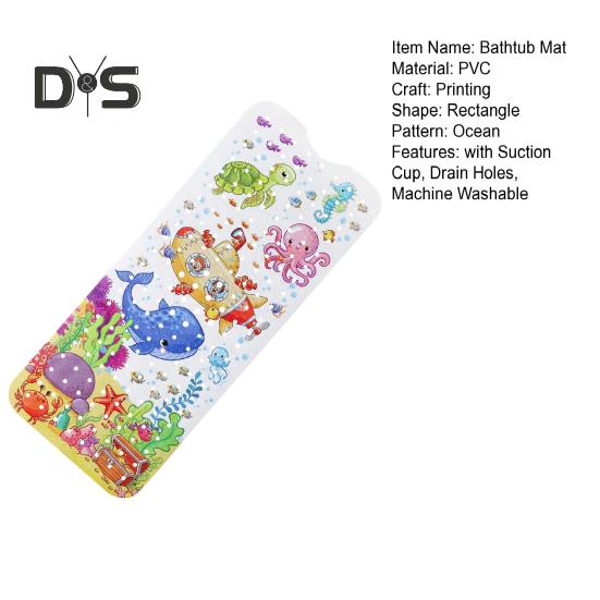 100x40CM Cartoon Sea Animal Bathtub Mat with Suction Cup Drain Holes Rectangle Bathroom PVC Non-slip Mat Machine Washable Kids Bath Shower Floor Mat