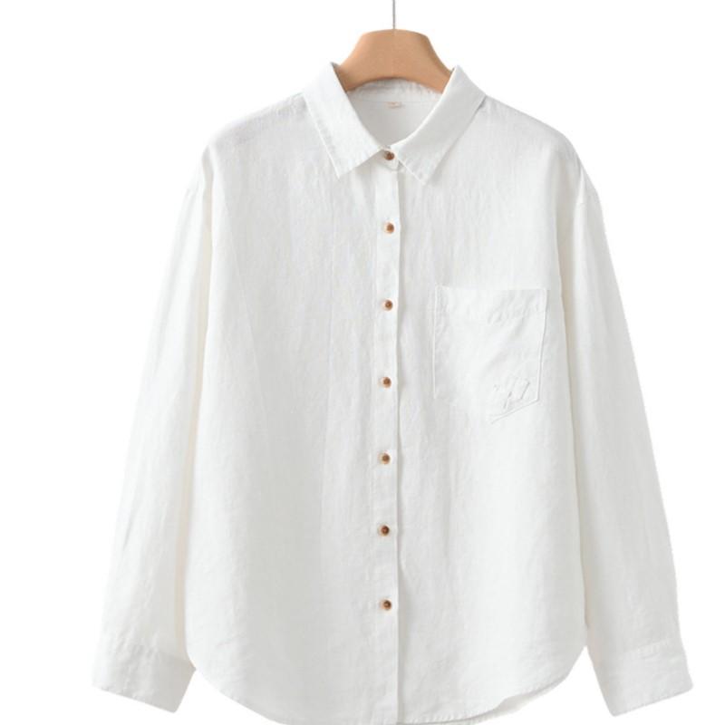 Johnature Women Vintage Shirts Tops Spring Solid Color Chinese Style Button Turn-down Collar Long Sleeve Shirts