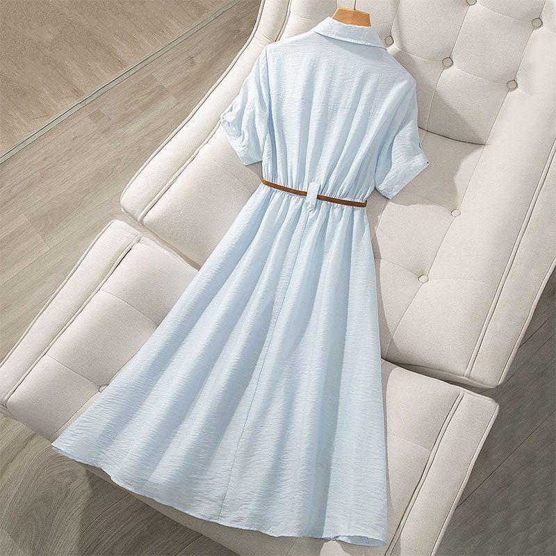 2026 Summer Korean Style Mid-Length Waist-Cinched Short Sleeve Shirt Dress for Women