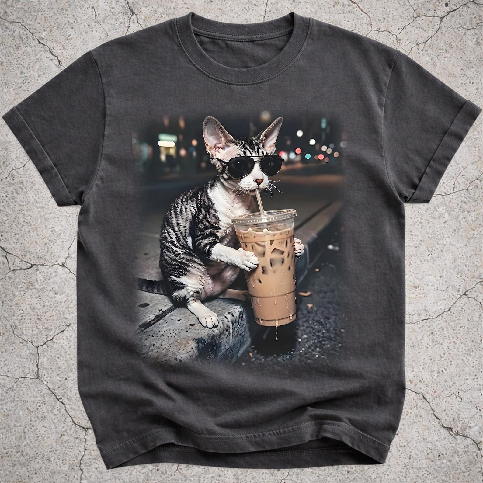 Devon Rex Drinking Iced Coffee Shirt, Funny Cat Meme Tee, Vintage Photo T-Shirt, Coffee Lover Gift for Cat Owners 2XL