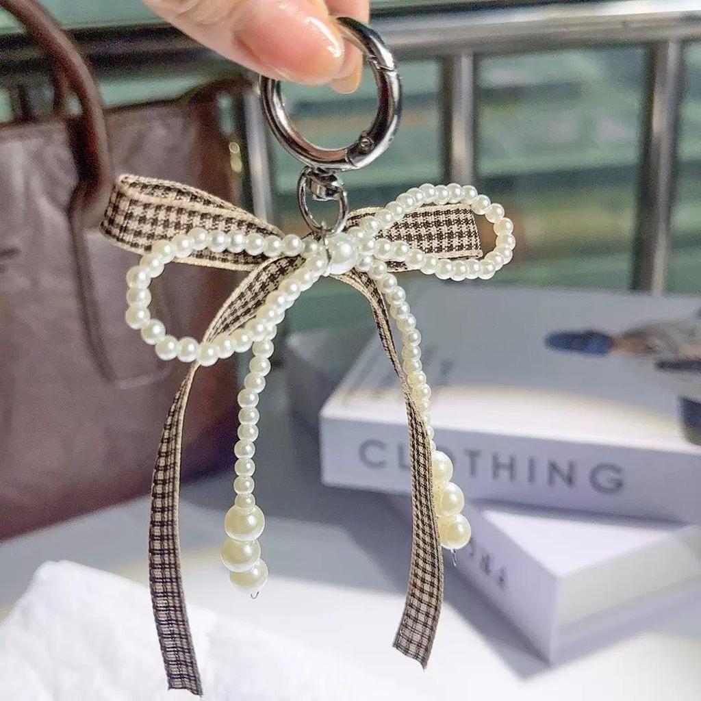 Elegant Coffee Bow-Pearl Heart Keychain Pendant for Handbags
