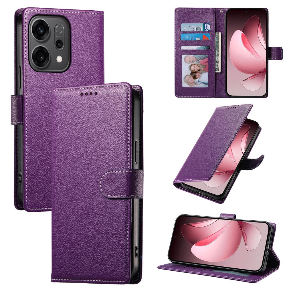 For Oppo Reno14 5G (Global) Case Magnetic Snap Litchi Texture Leather Wallet Phone Cover with Wrist Strap