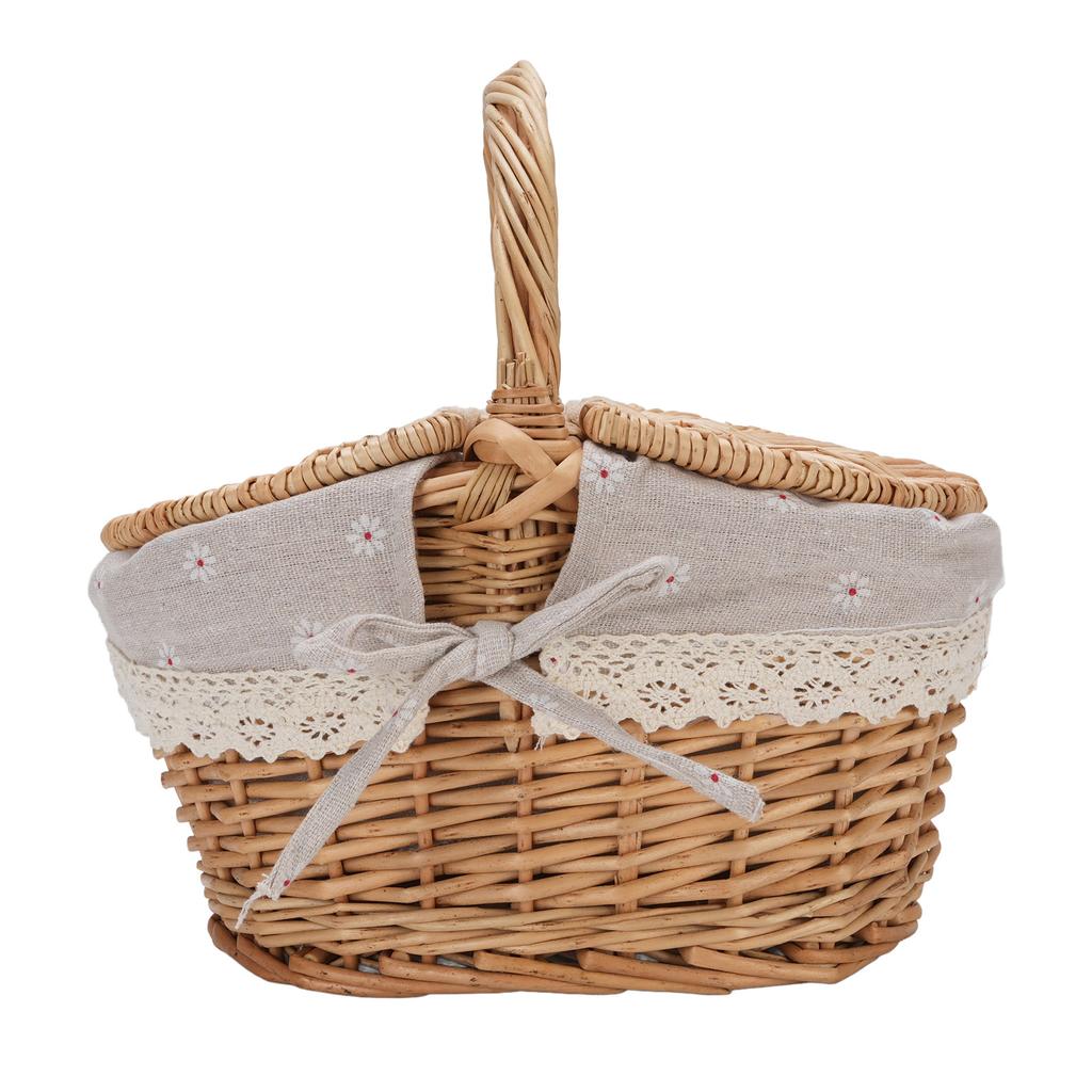 Vocante Picnic Basket with Removable Liner, Empty Picnic Baskets with Lid, Vintage Picnic Basket with Foldable Fabric Handle for Outdoor Picnic Campin