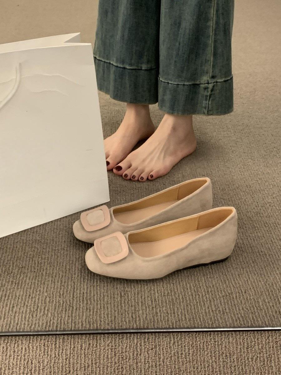 Versatile not tired feet suede square head Mary Jane shoes one pedal shallow mouth square buckle inner height increase ballet shoes 35