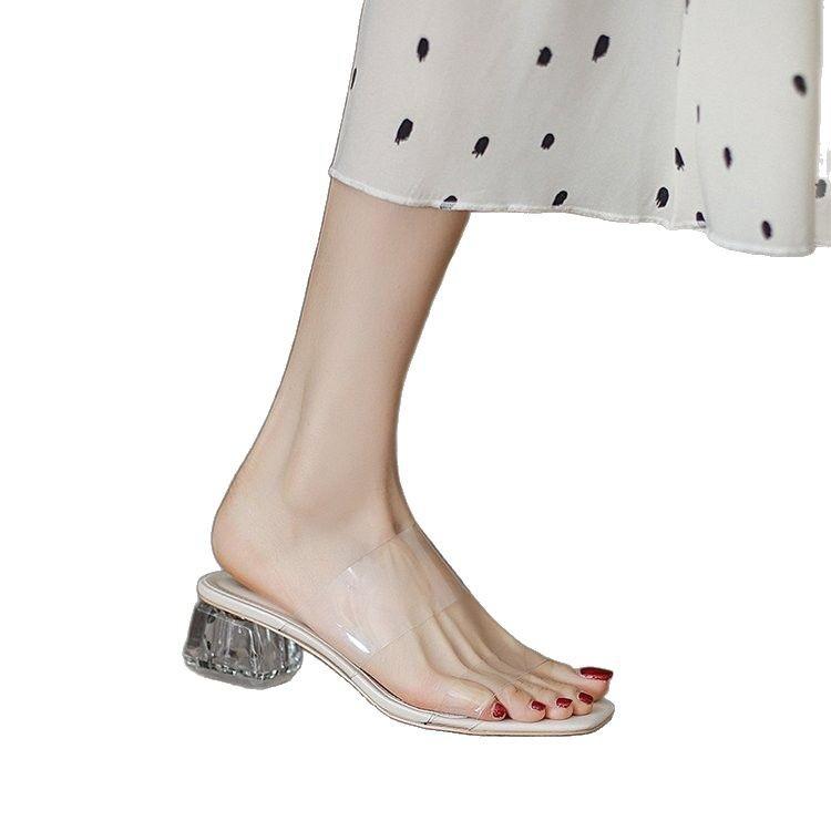 Transparent Sandals Women's Summer Outer Wear 2025 New Medium Heel Thick Heel Crystal Transparent High Heels One-word Belt Sandals Women's Shoes