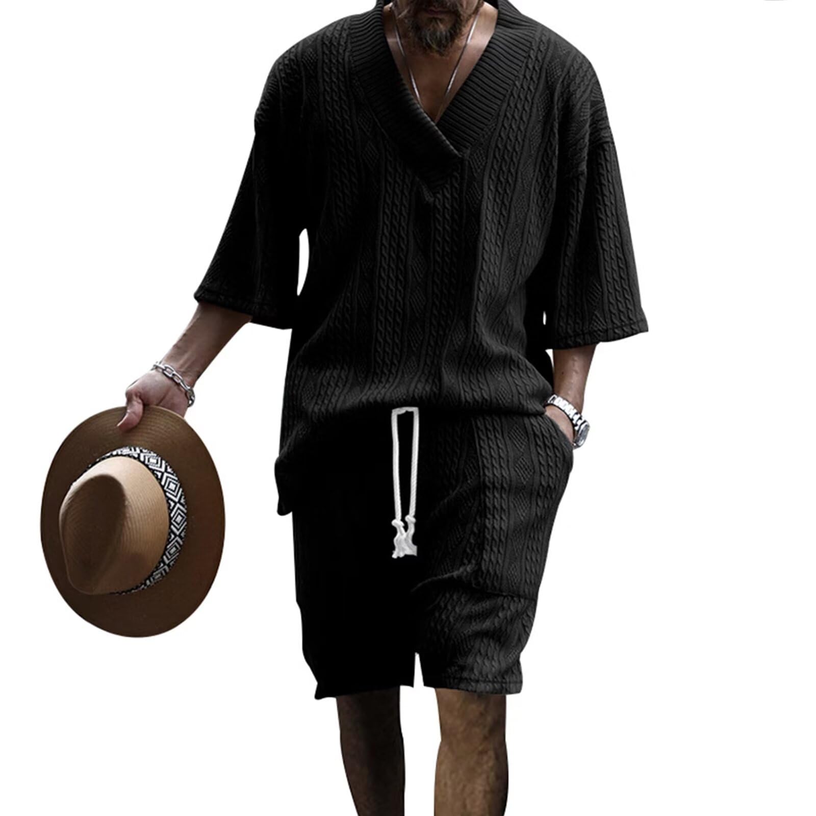

[Anmurye] Men s Tracksuit Set - Summer Clothes - Short-Sleeved T-Shirt + Shorts - Casual V-Neck - Oversized - Comfortable - Adjustable Waist - Solid C
