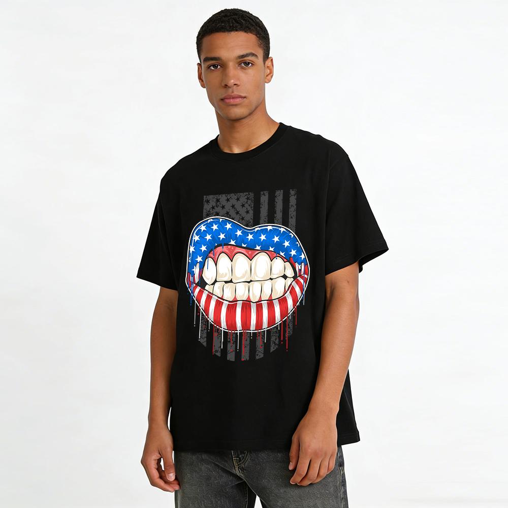 American Flag Lips Print Casual Trendy Short Sleeve T-Shirt Pure Cotton T-shirt