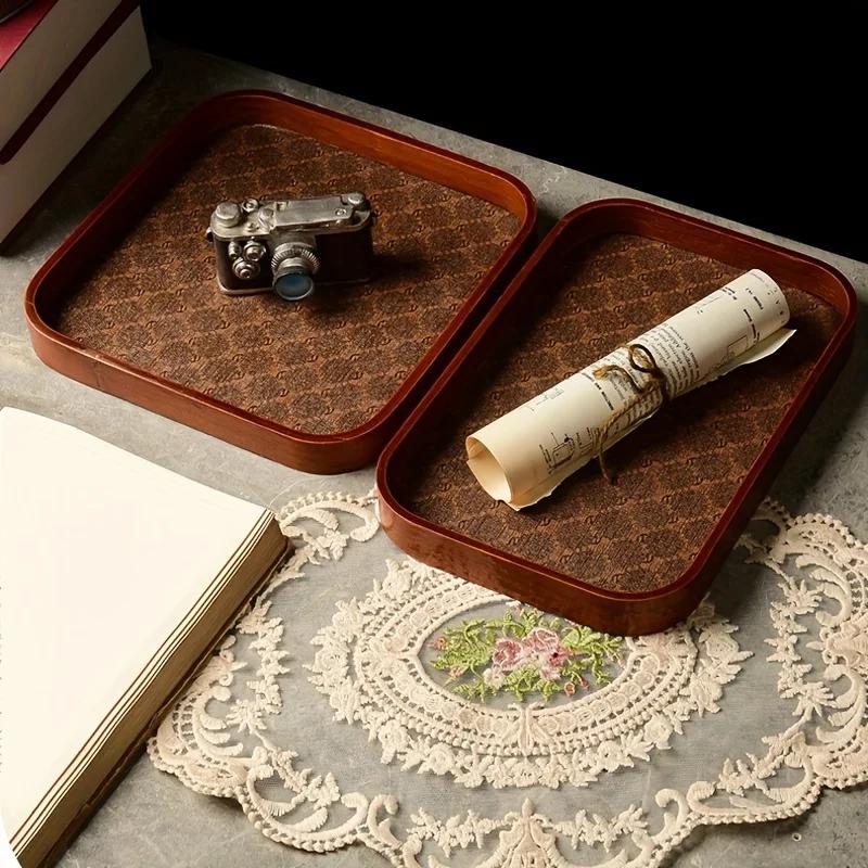 Elegant Wooden Desktop Organizer Tray Faux Leather Lining for Jewelry, Keys & Tea Storage Trays Home Decor, Jewelry Trays