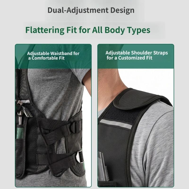 Multi-Pocket Utility Vest With Reflective Trim and Adjustable Side Bands for Keeping Common Work Items Close During Maintenance and Installation Tasks