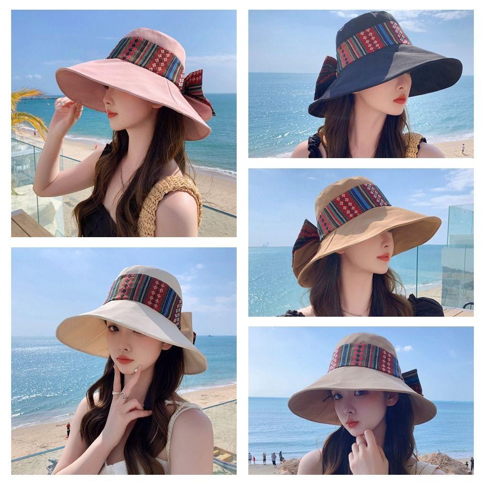 Ethnic Style Women's Sun Hat Solid Color Wide Brim Bucket Cap Simple Bowknot Fishmen Hat  Girl