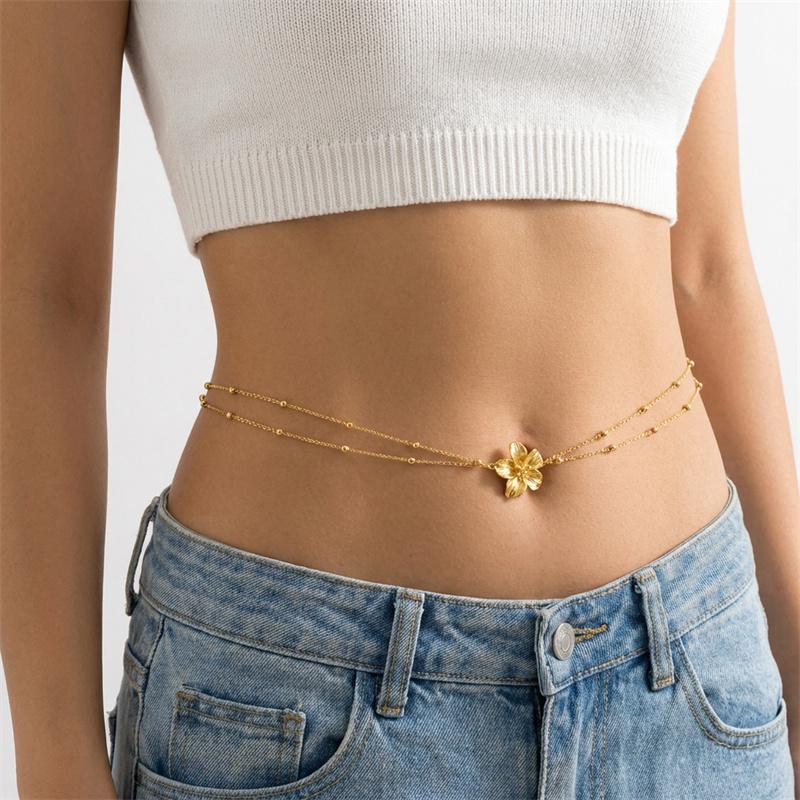 Simple Double Layers Belly Chains for Women Y2K Gold Color Metal Flower Bikini Waist Body Chain Beach Vacation Versatile Jewelry