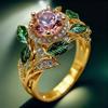 Delicate Bright Pink Zircon Lady Green Leaf Oil Drop Flower Plant Ring Gift