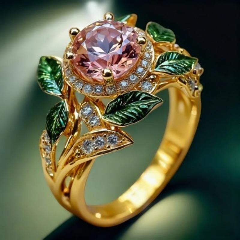 Delicate Bright Pink Zircon Lady Green Leaf Oil Drop Flower Plant Ring Gift