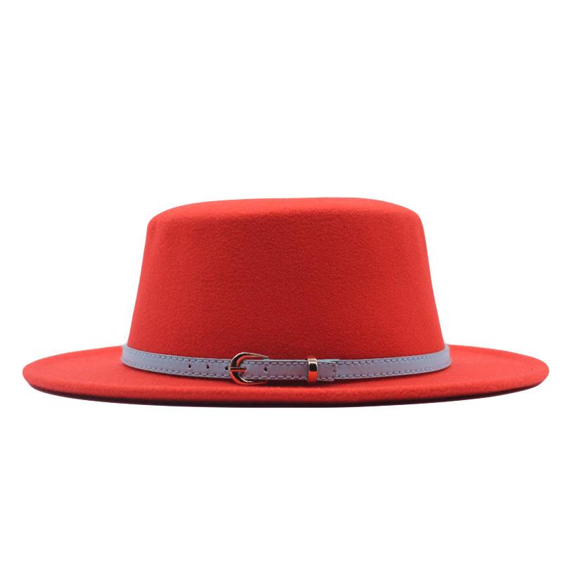Hat Women's Woolen Top Hat Autumn and Winter Solid Color Retro Gentleman British Style Flat Top Belt Accessories Felt Hat