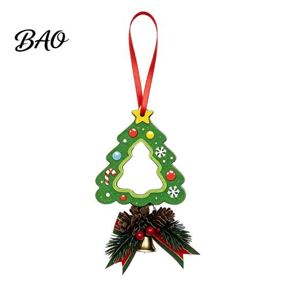 Festive Tree Pendants Wooden Christmas Ornaments, 2D Stocking House Shaped Photo Frame Hanging Indoor Holiday Decor, Xmas Ornament for Family