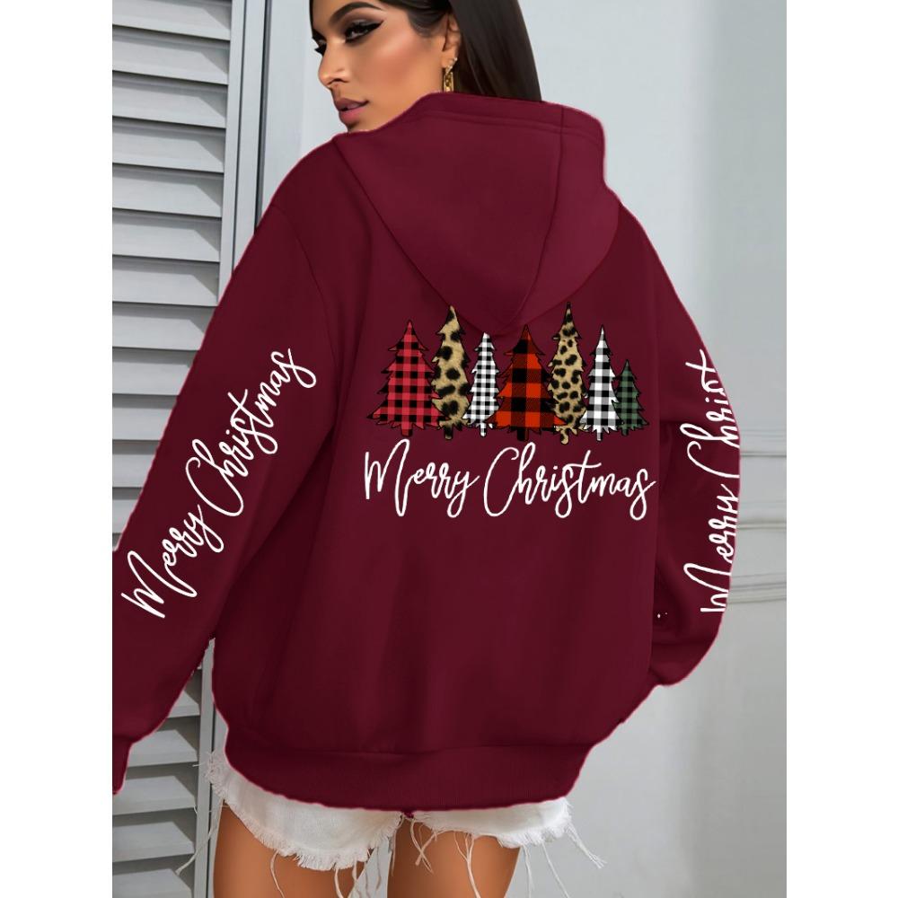 Merry Christmas Leopard Plaid Trees Prints Women Hoodies Loose Hoody All-Match Pocket Pullovers Autumn Hip Hop Streetwear