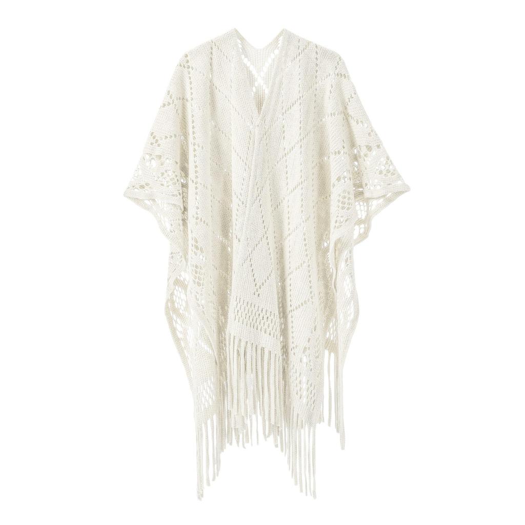 Hot-Selling Knit Shawl: Spring Summer Autumn, Hollow Design, Tassel Trim, Solid Color, Lightweight for European & American Styles.