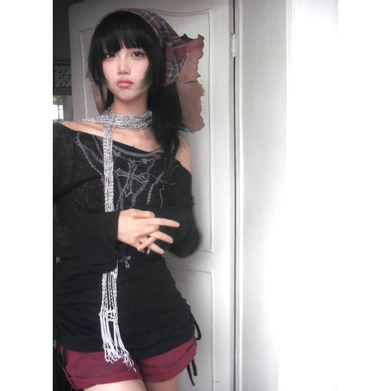 2KWEIRD Japanese Y2k Knitted Tops Grunge Tattoo Print Long Sleeve T-shirt Ribbed Vintage Harajuku Shirring Knitwear 2000s Gothic