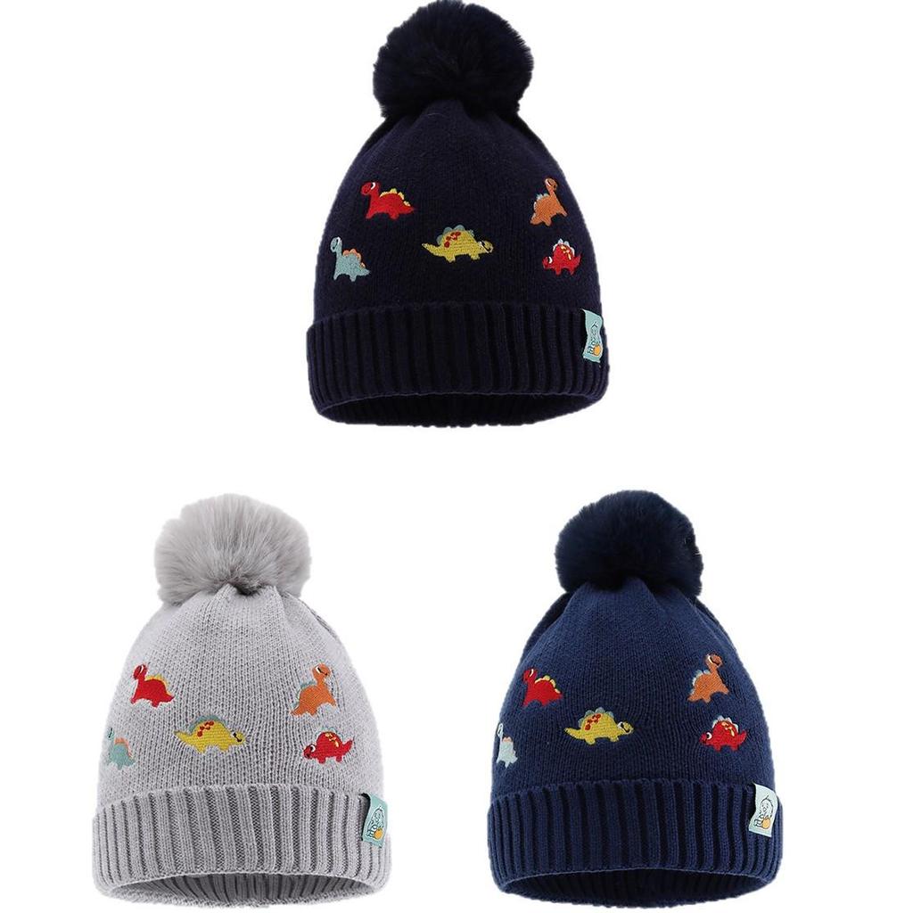 Cute Embroidered Little Dinosaur Children's Warm Knit Pom-pom Hat