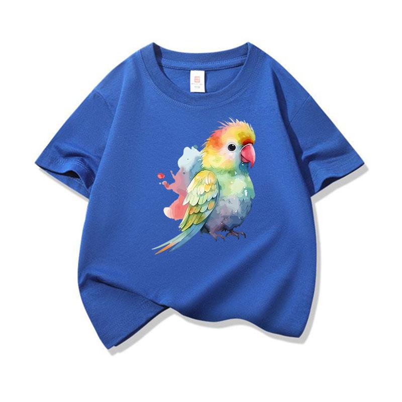 Bright Watercolor Rainbow Parrot Graphic Tee Kids Pure Cotton Crew Neck Print T Shirt Short Sleeve Muticolor Tops Boys Girls