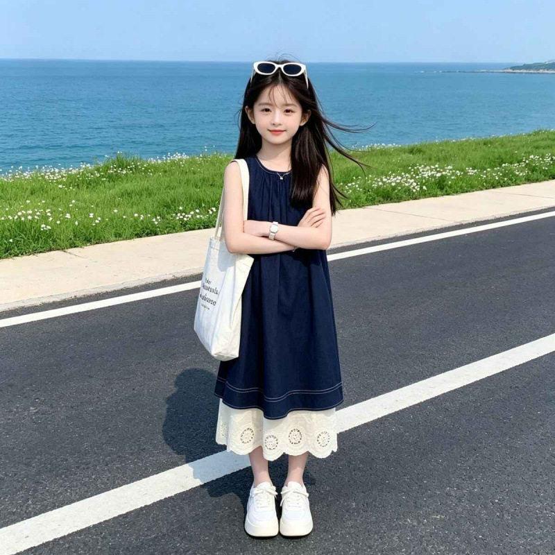 Girls Summer Sleeveless A-Line Denim Look Dress for Big Kids 120