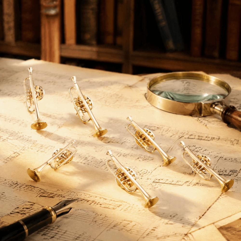 6pcs Pin Back Musical Instrument Brooch Gold Finish Alloy Material Dress Clip Brooch Multi‑Pattern Set Shape Brooch Pin