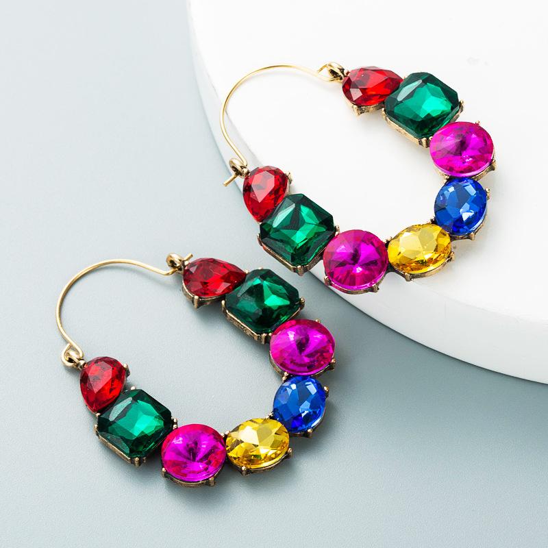 Women Hoop Earrings Exaggerate Geometric Alloy Inlaid Color Rhinestone Temperament Super Flash Full Crystal Small Earrings
