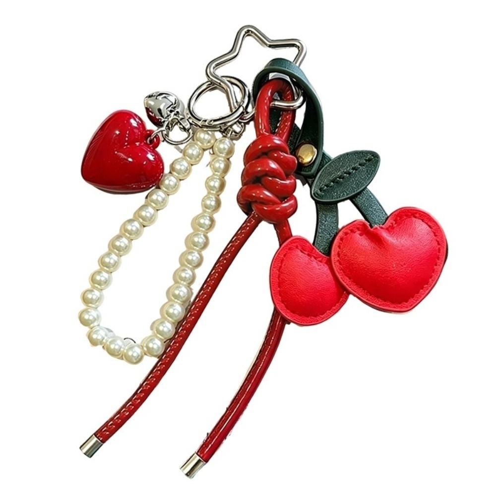 PU Leather Cherry Bag Charm Pearl Beads Cherry Key Ring Cherry Keychain Pendant Bag Decoration