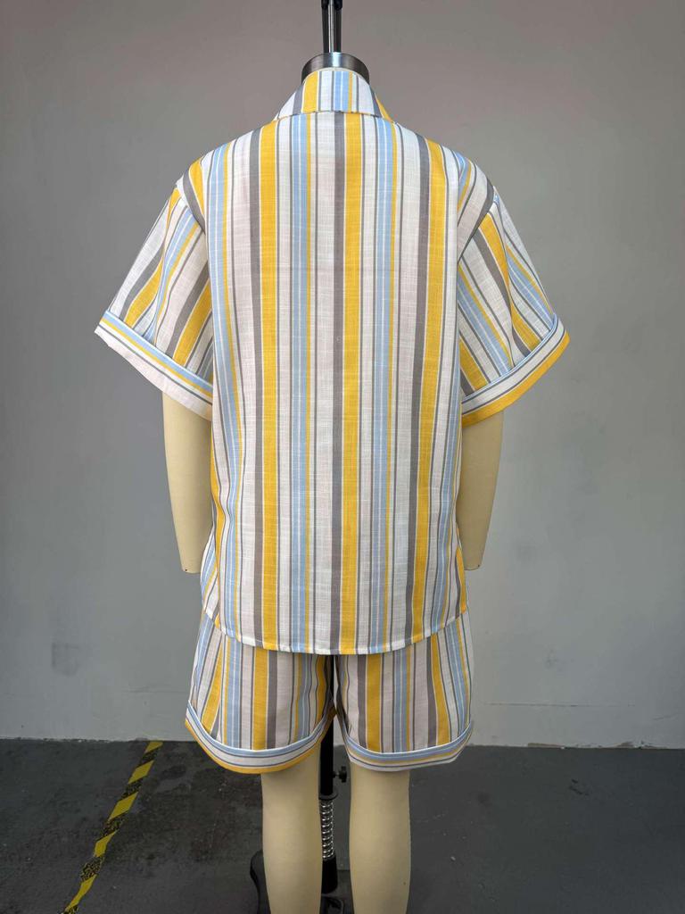 European & American Women's Striped Short-Sleeve Shirt & High-Waisted Shorts Set - Summer 2026 Collection