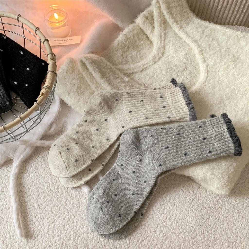 Women's Mid-Calf Polka Dot Warm Wool Socks - Gray, Thick, and Versatile for Winter