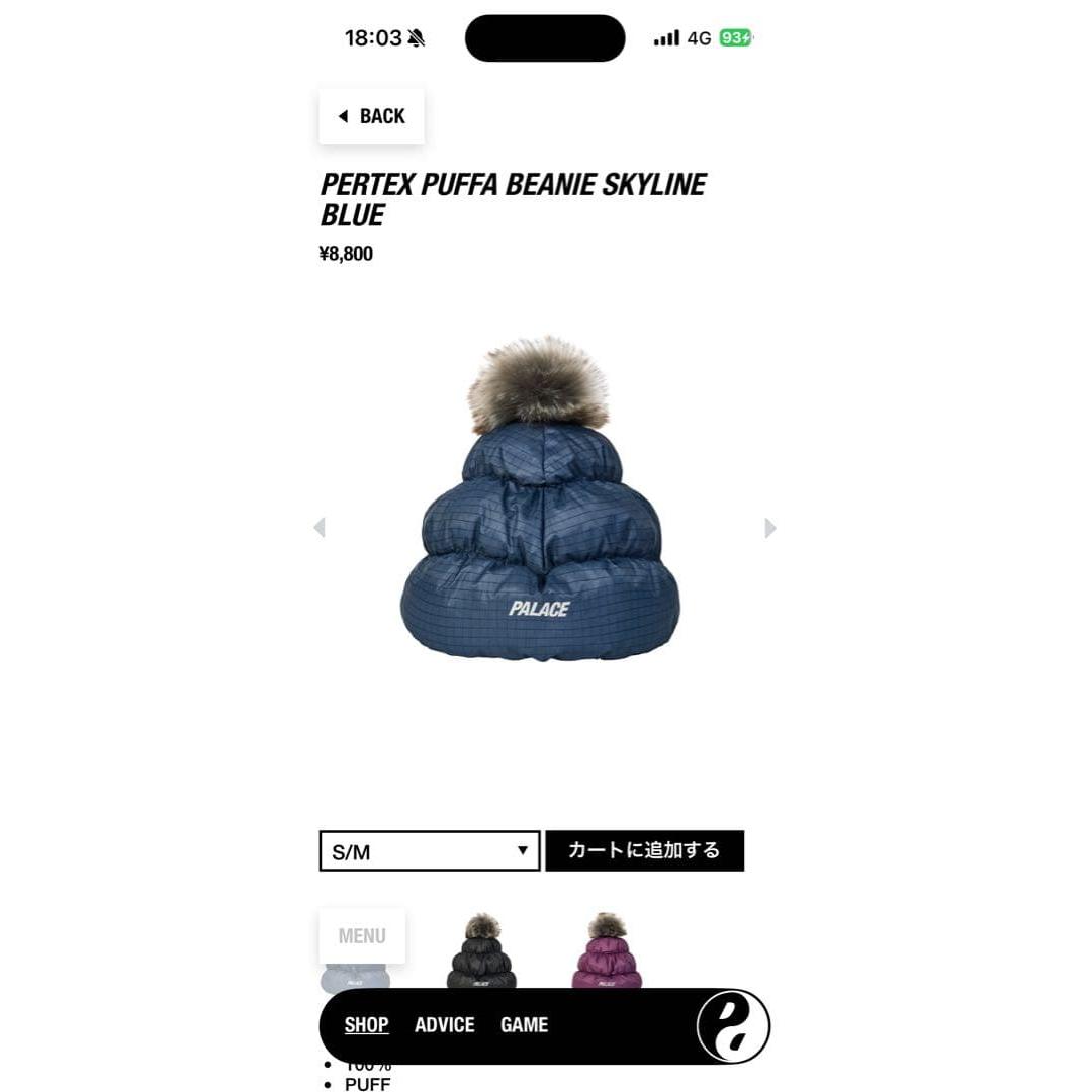 Used PALACE PERTEK PUFFA BEANIE SKYLINE BLUE