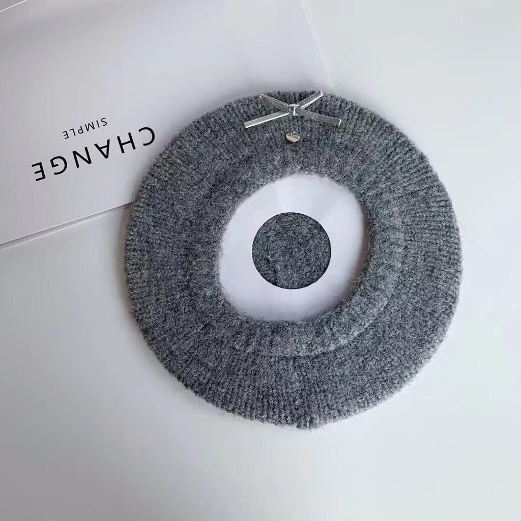 Bow beret women's new autumn and winter face small gray knitted hat warm wool hat versatile