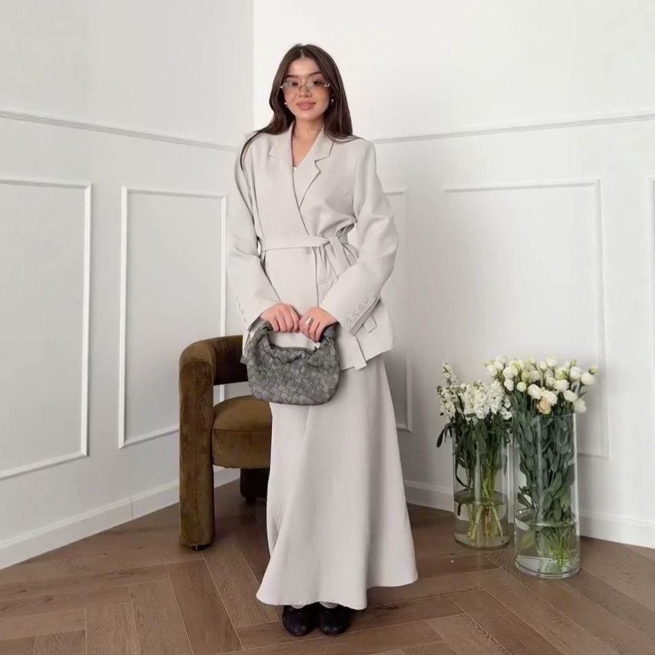 European and American Amazon women's new V-neck long-sleeved lace-up waist suit jacket high waist long skirt set
