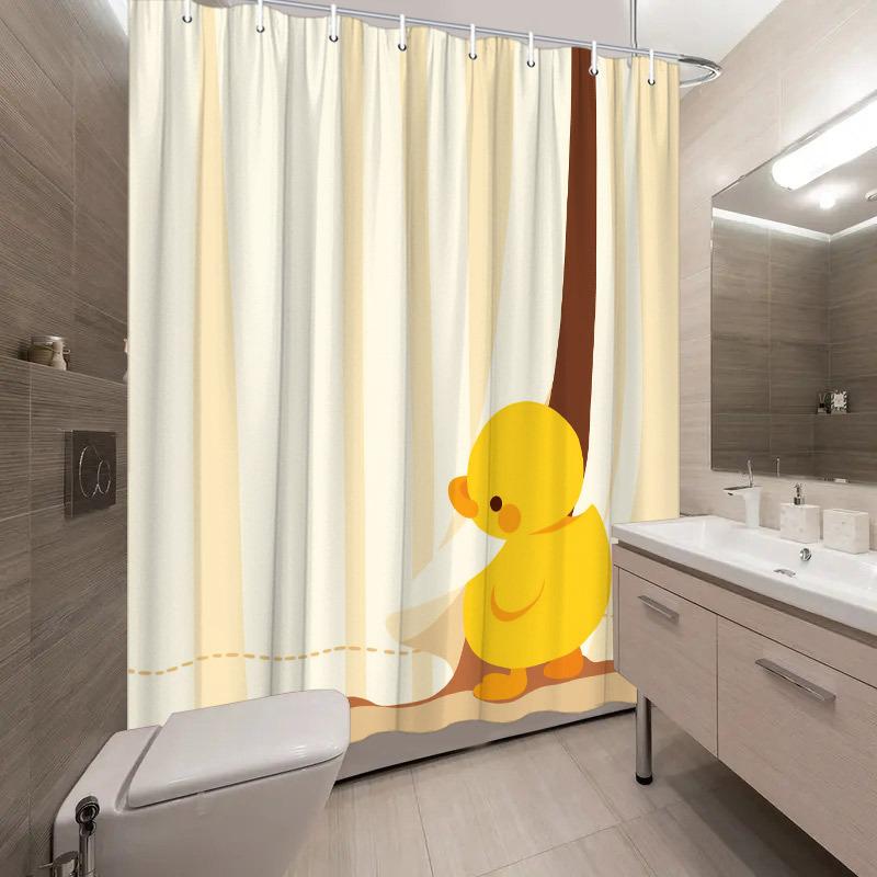 Süßer Gelber Enten Duschvorhang Verspielte Gummiente Auf Gestreiftem Hintergrund Polyester Badezimmervorhang Mit 12 Haken Für Kinder Dekoration